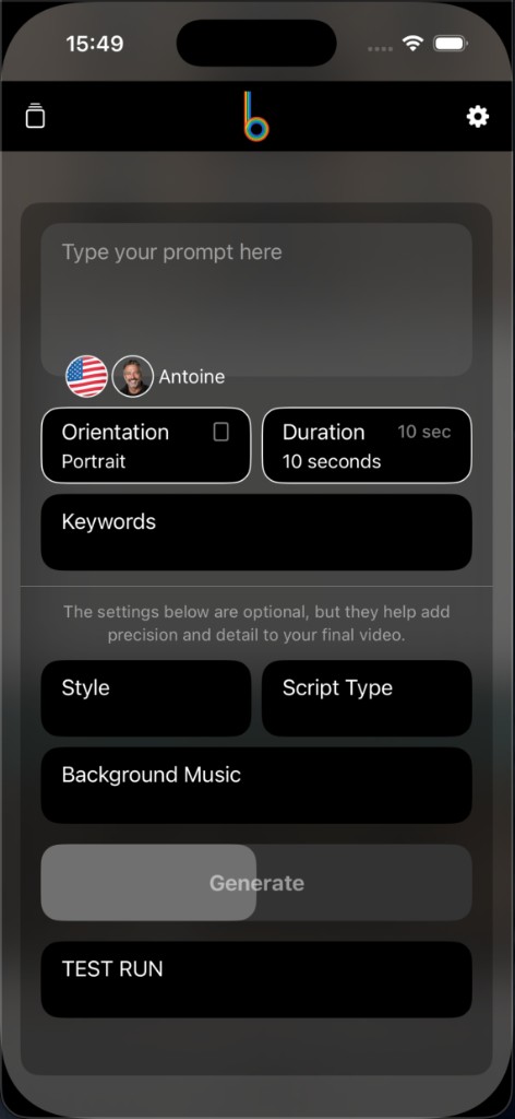 Barvy iOS app showing prompt input, video settings, and generate controls